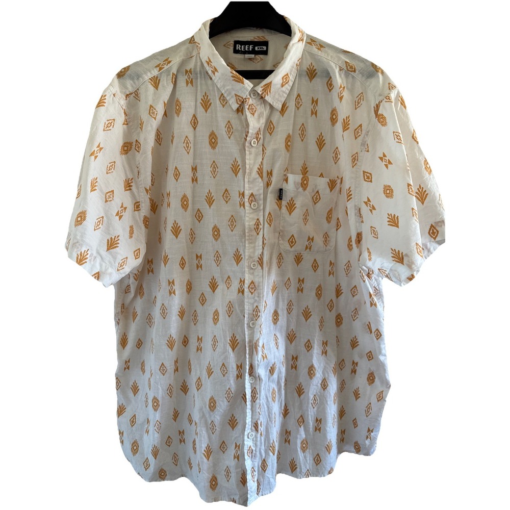 Reef Men's XXL White Tan Shirt Tribal Print Short Sleeve Button Up Cotton Island